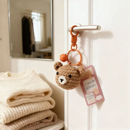 Crochet Brown Bear Keychain with Bell