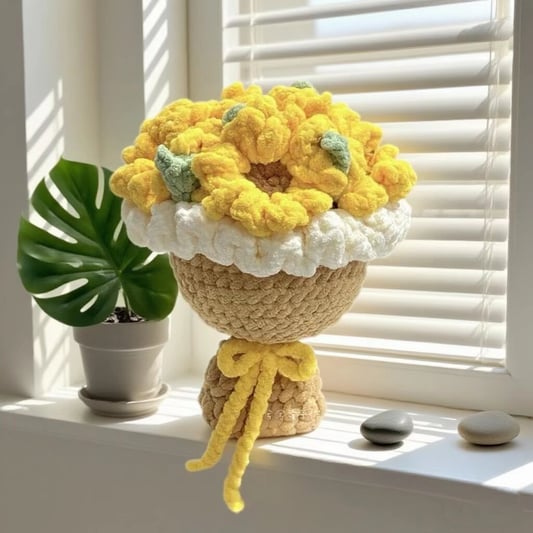 Crochet Yellow Flower Bouquet Kit with Woven Vase