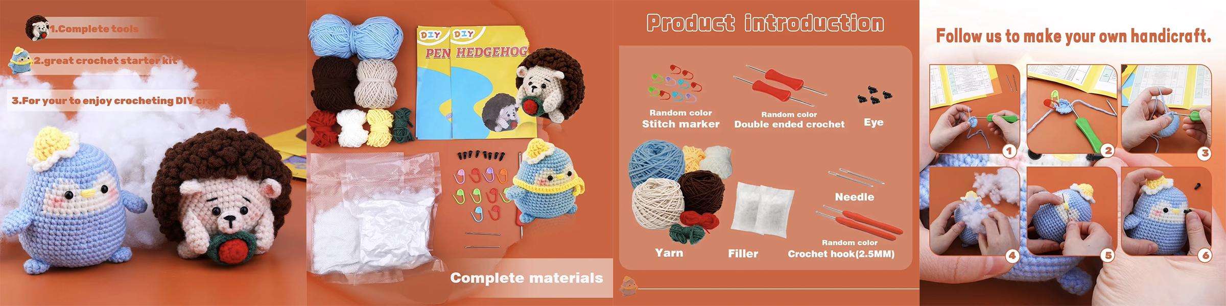 Hot Sell Animal Crochet Set Beginner Penguin and Hedgehog DIY Knit Kit