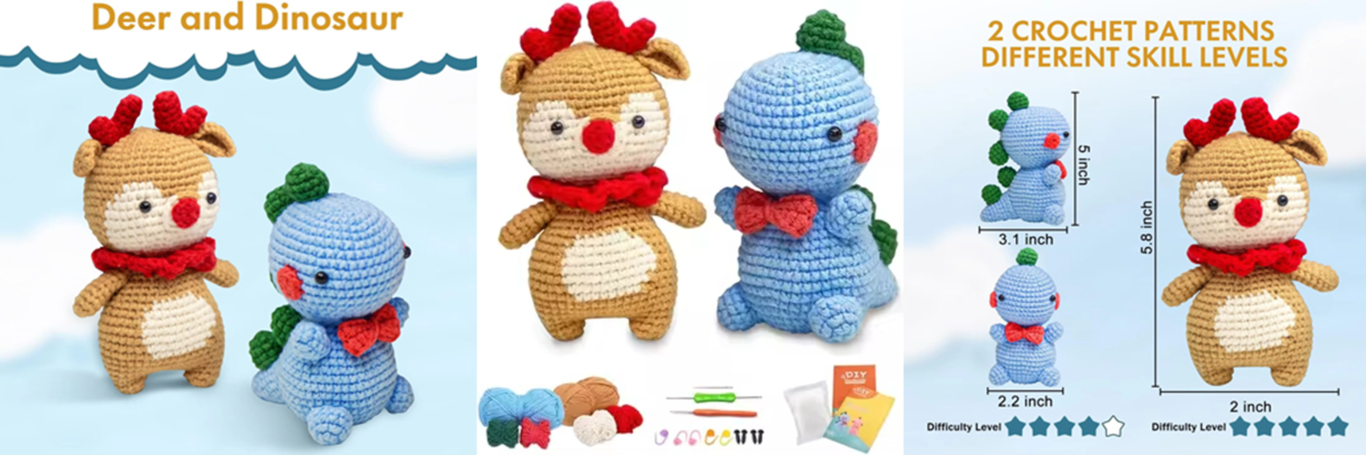 Popular Crochet Pendant DIY Knit Dinosaur and Elk Doll Keychain Kits