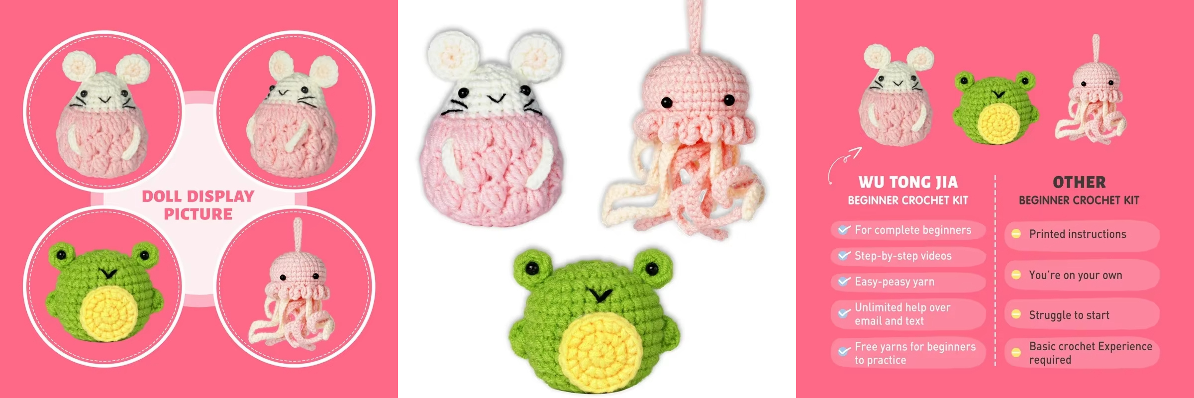 Crochet Animal Set DIY Knit Jellyfish Hamster and Frog Woven Doll Kits