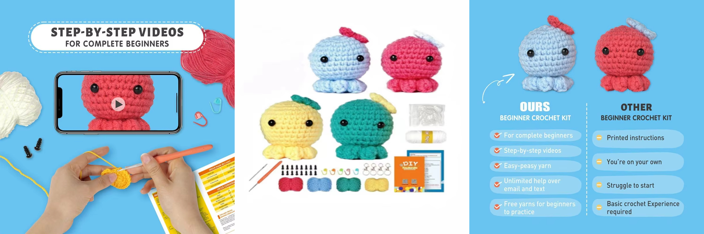4 Pcs Crochet Animal Set for Starter DIY Knitting Octopus Dolls Kits