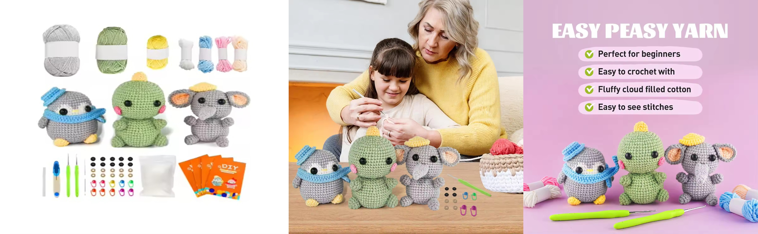 Beginner DIY Knitting Kits Crochet Elephant Dinosaur Penguin Dolls Set