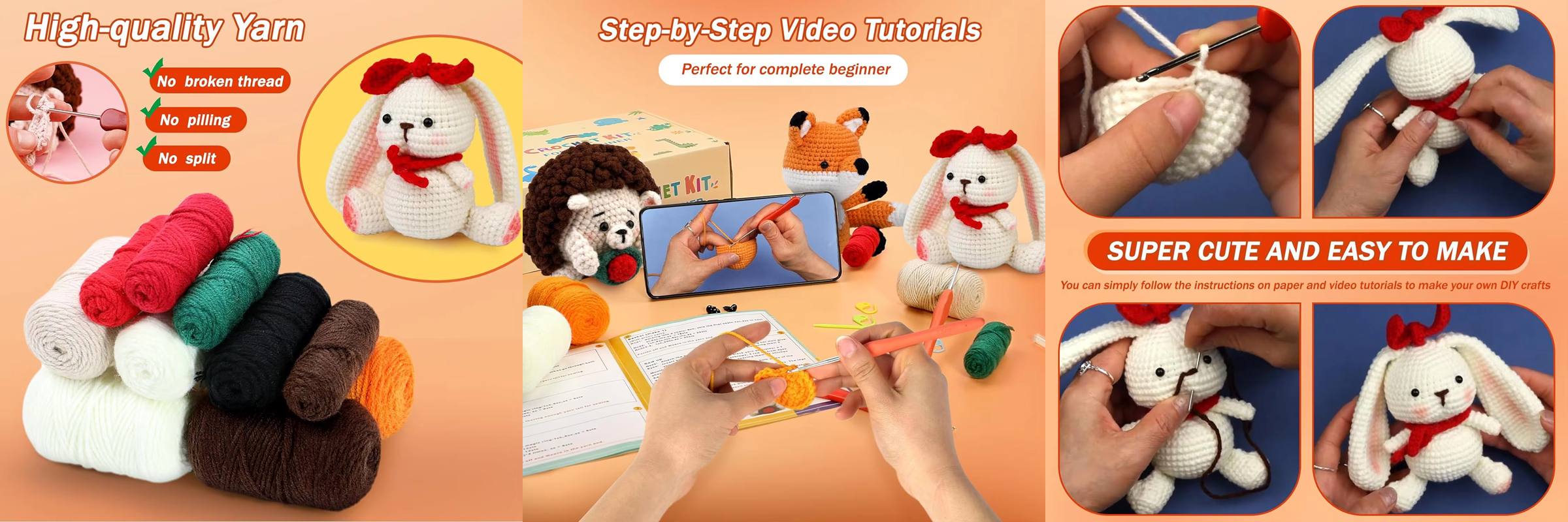 Animal Crochet Doll Kit Beginner DIY Yarn Knit Fox Hedgehog Rabbit Set
