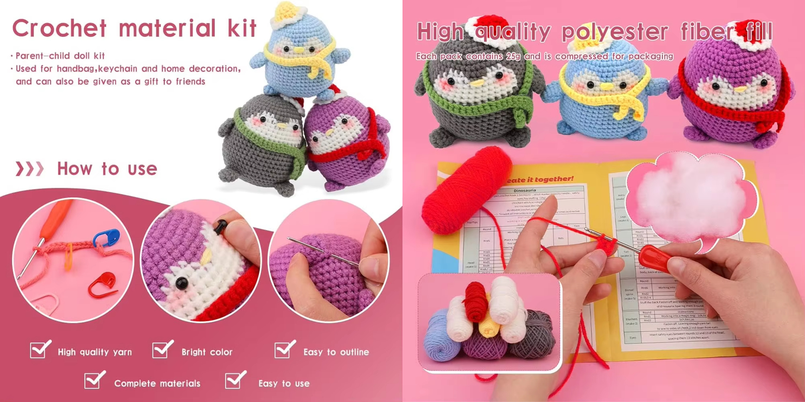 Cute Cartoon Penguin Crochet Kit for Starter DIY Knitting Keychain Set