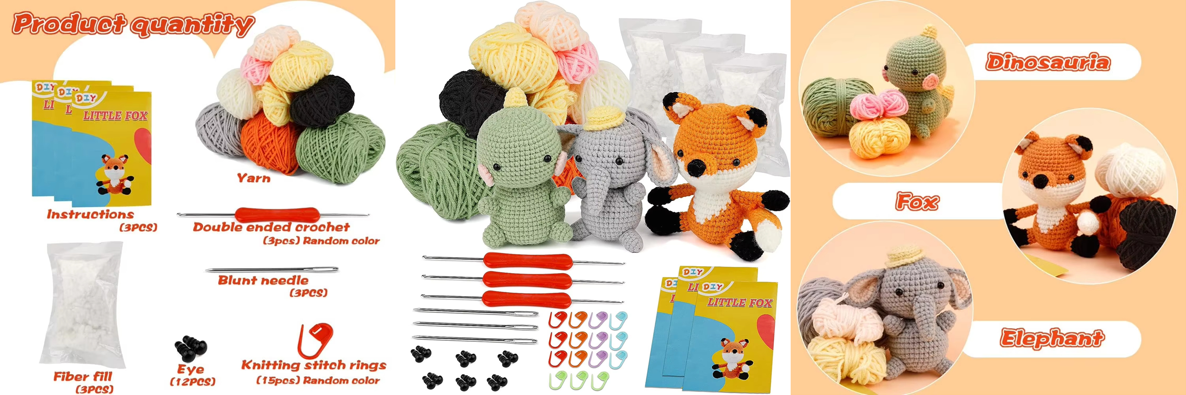 Factory Wholesale DIY Yarn Knitting Dinosaur Fox Elephant Crochet Sets