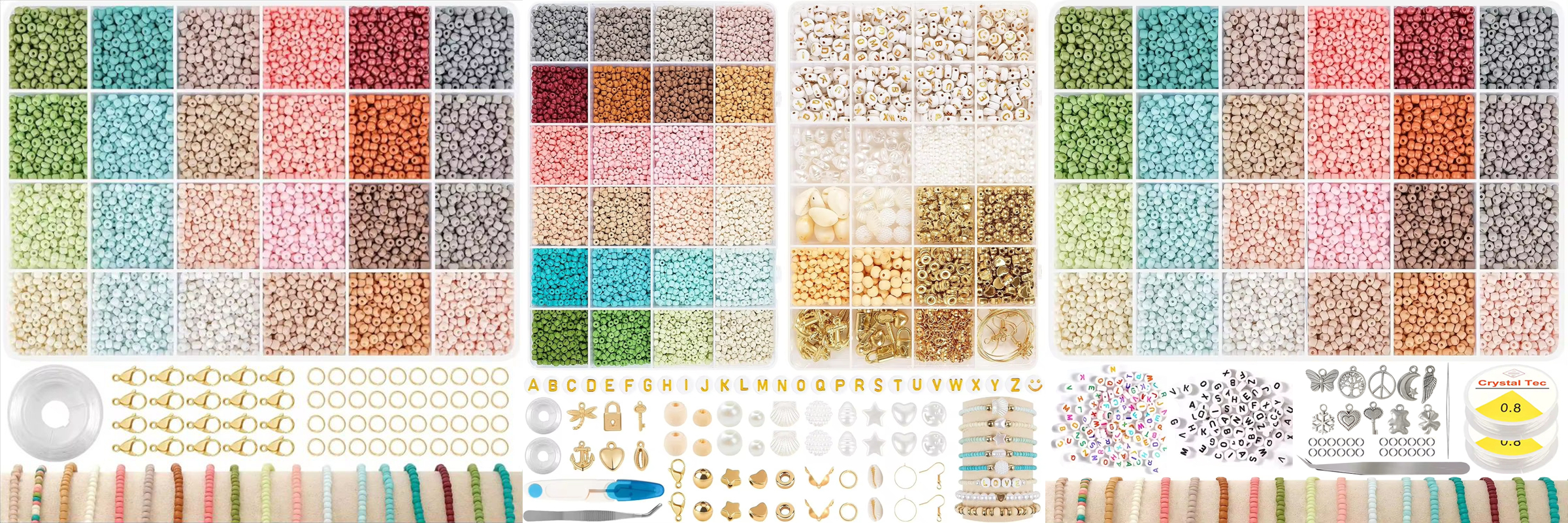 24 Grids Light Color Glass Rice Bead Set with Golden Letter Beads Kits