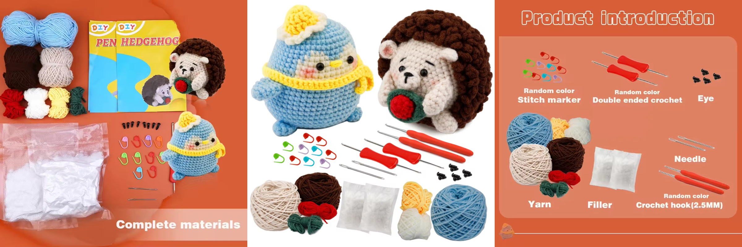 Handmade Crochet Animal Kit Beginner DIY Knit Hedgehog and Penguin Set