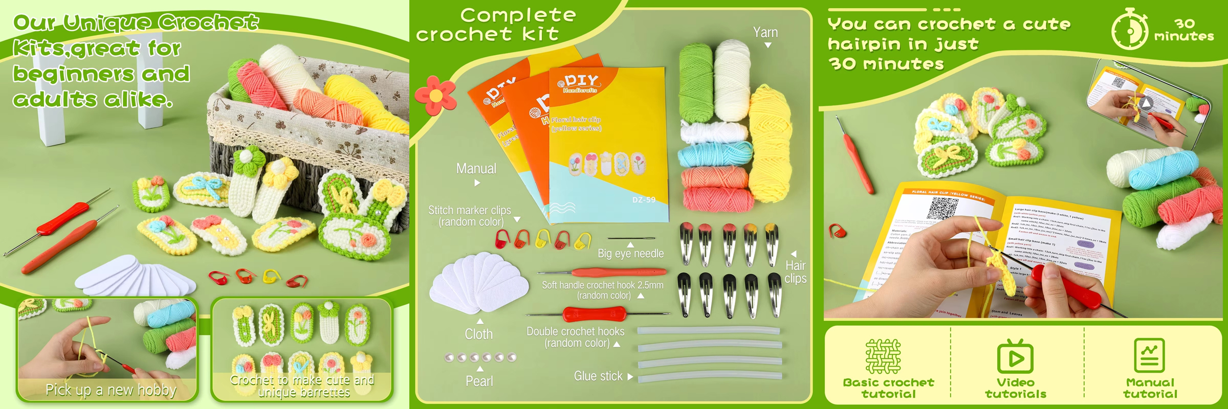 Hot Sale Crochet DIY Sweet Hair Clips Wool Yarn Hairpin Knitting Kits