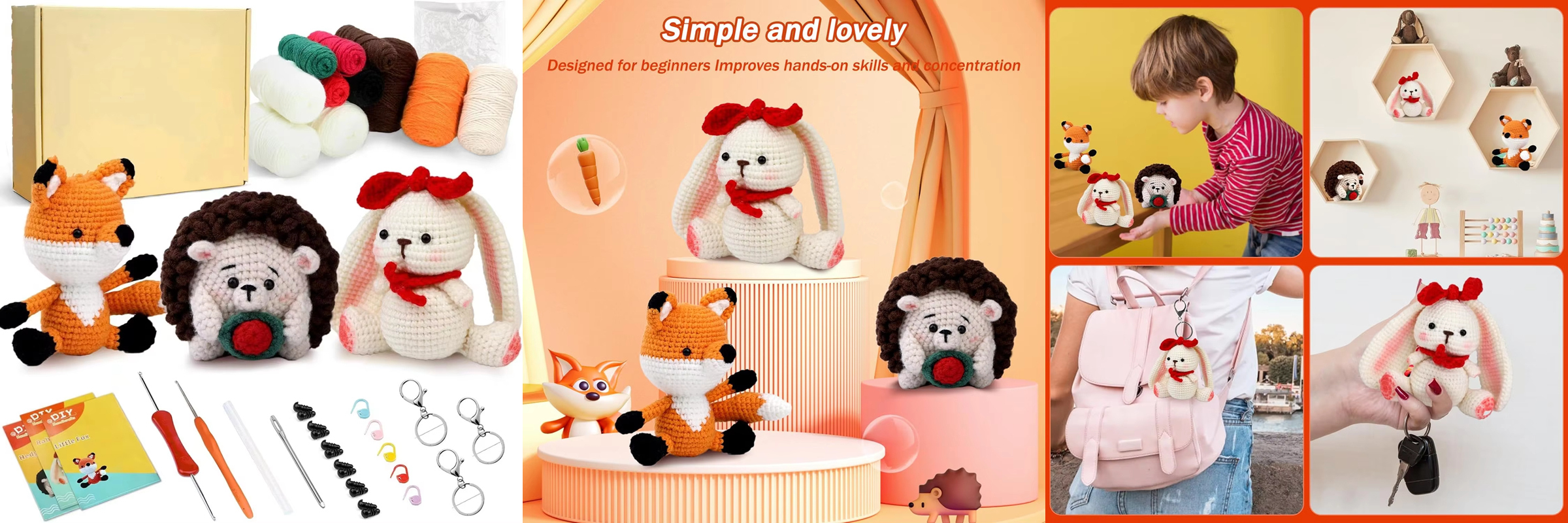 Animal Crochet Doll Kit Beginner DIY Yarn Knit Fox Hedgehog Rabbit Set