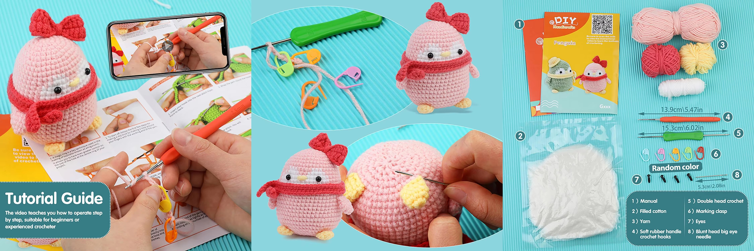 Crochet Animal Kits Manufacturers Sell Yarn DIY Woven Pink Penguin Set
