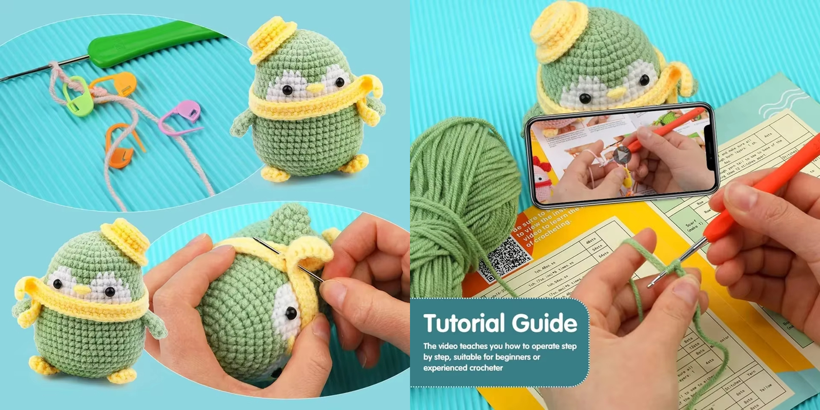 Hot Selling Crochet Animal Doll Kits DIY Knit Green Plush Penguin Set