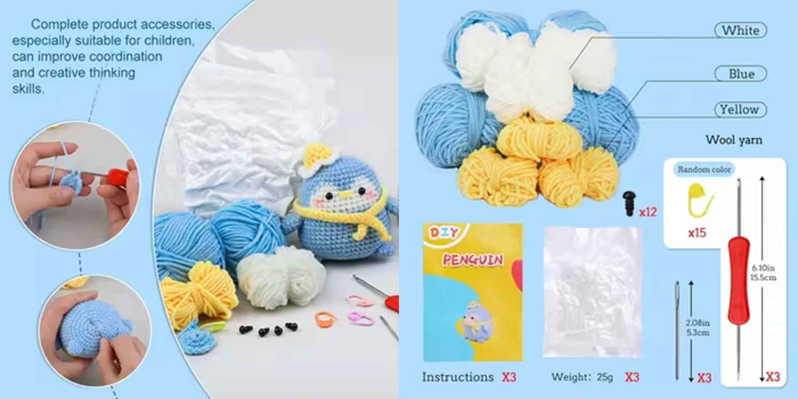Wholesale Sell Cartoon Penguin Crochet Kit DIY Knitted Animal Yarn Set