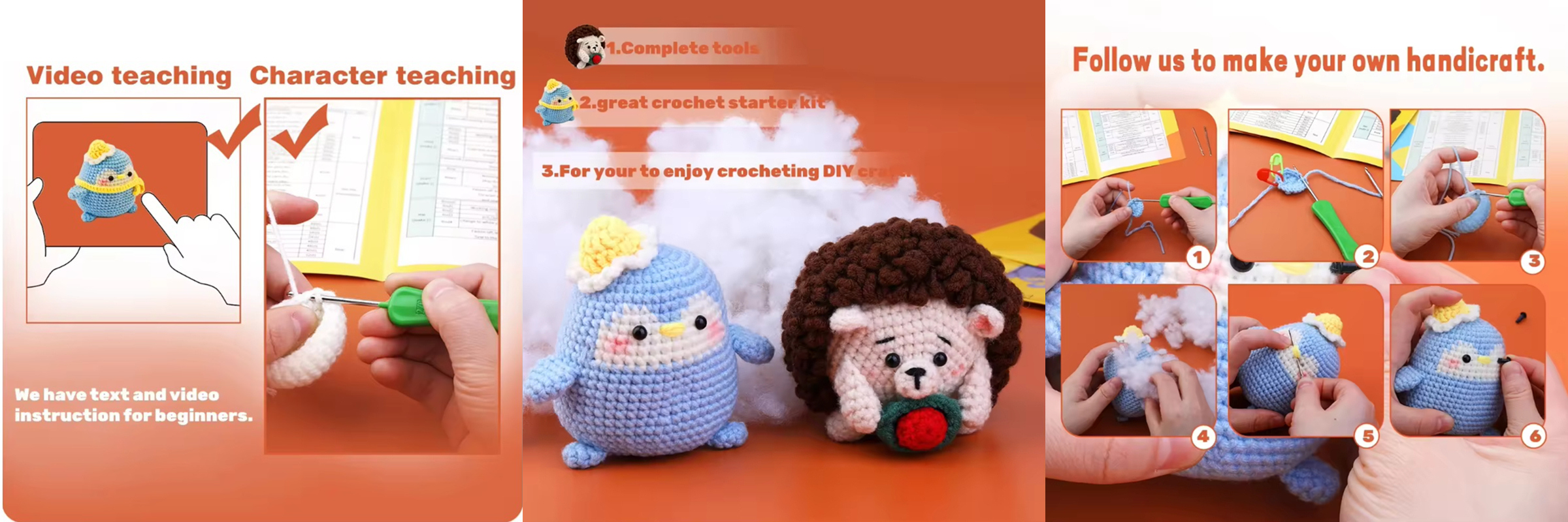 Handmade Crochet Animal Kit Beginner DIY Knit Hedgehog and Penguin Set