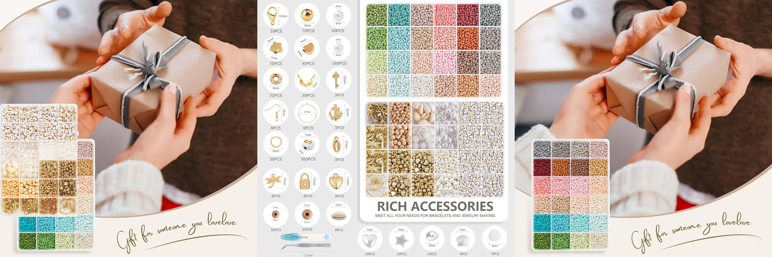 24 Grids Light Color Glass Rice Bead Set with Golden Letter Beads Kits