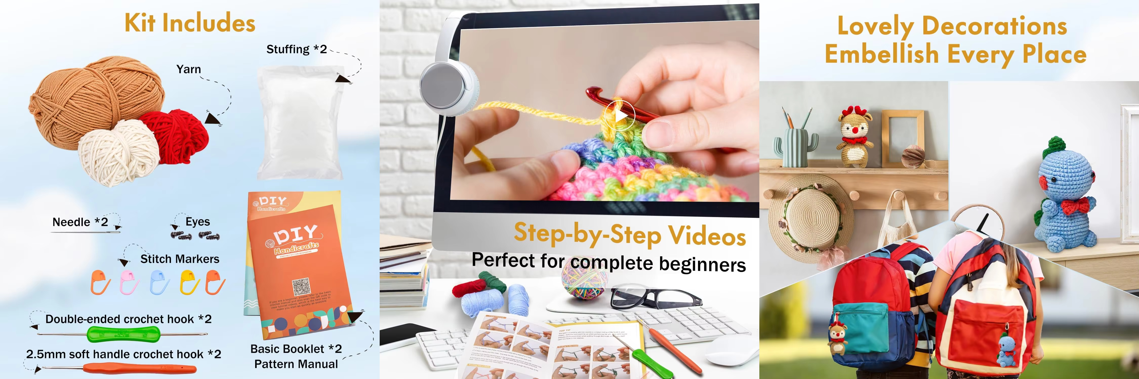 Popular Crochet Pendant DIY Knit Dinosaur and Elk Doll Keychain Kits