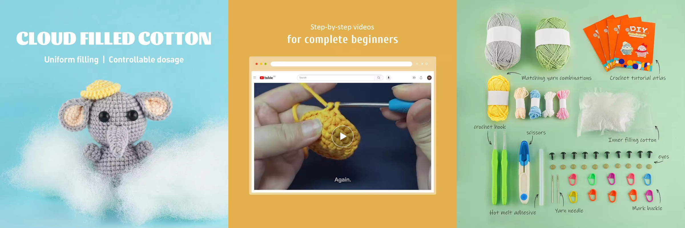 Beginner DIY Knitting Kits Crochet Elephant Dinosaur Penguin Dolls Set